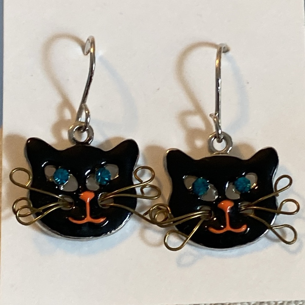 Black Cat Earrings with Teal Sparkly Eyes